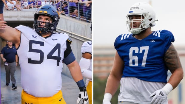 West Virginia's Zach Frazier and Kansas Dominick Puni.